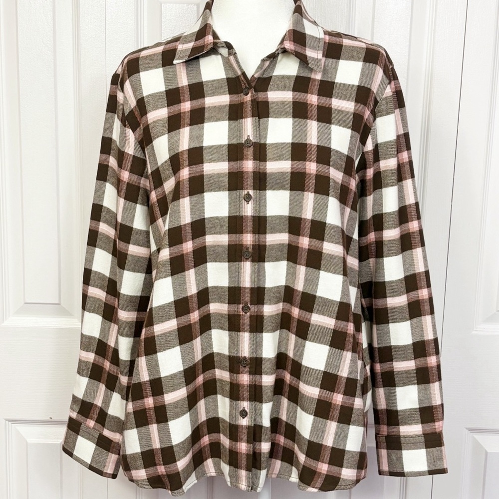 NWT Lands' End Brown & Pink Plaid Check Flannel Boyfriend Shirt XLP